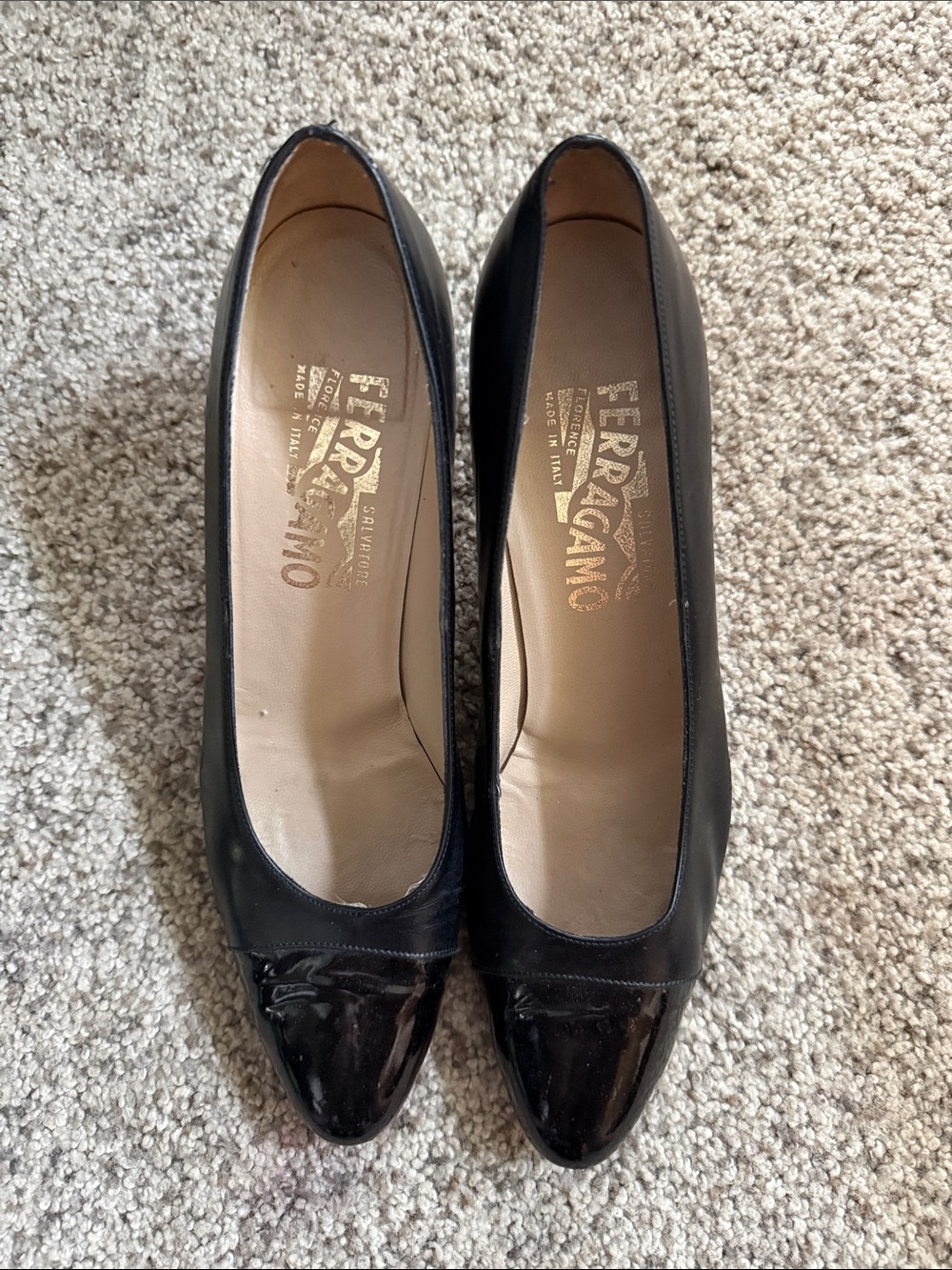 Vintage Salvatore Ferragamo Black Leather Pumps with Patent Cap Toe